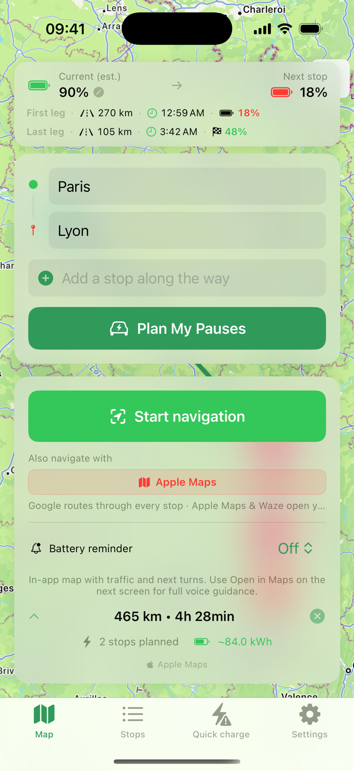 Drive Charge Eat route map with charging stops and food