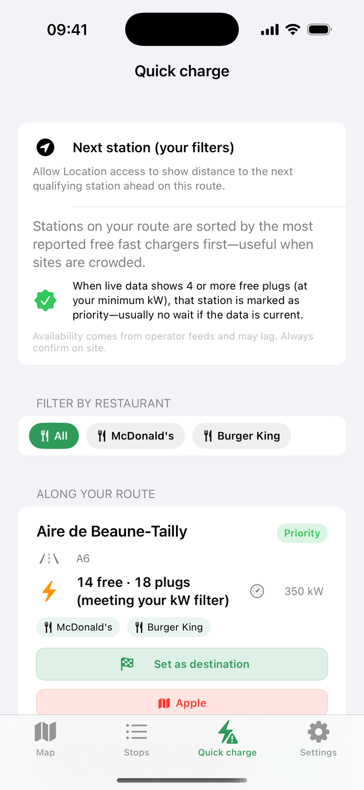 Quick Charge list of nearby fast chargers ranked by power