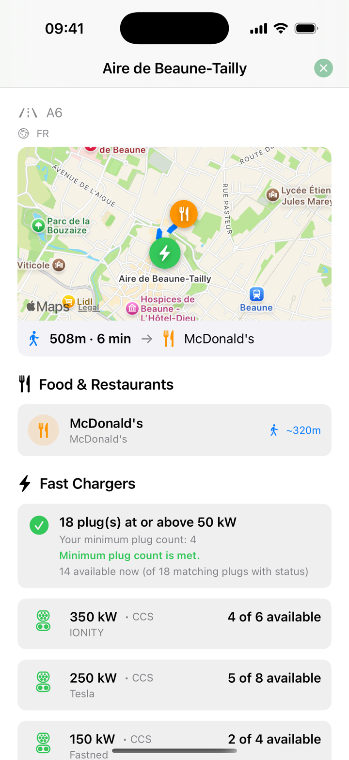 A charging stop showing chargers, power, availability, and nearby food